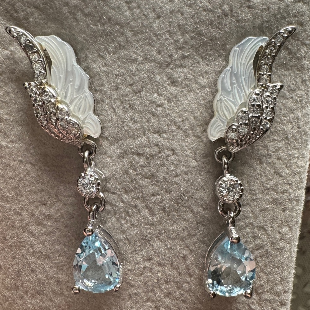 Sterling Silver Mother Of Pearl and Swiss Blue Topaz Angel Earrings